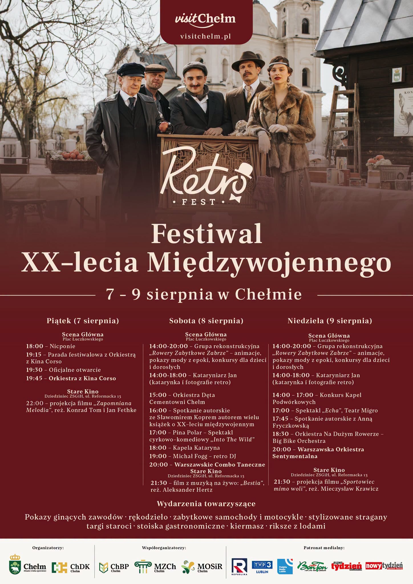 Retro Fest Chełm 2026 - plakat z programem 7-9 sierpnia