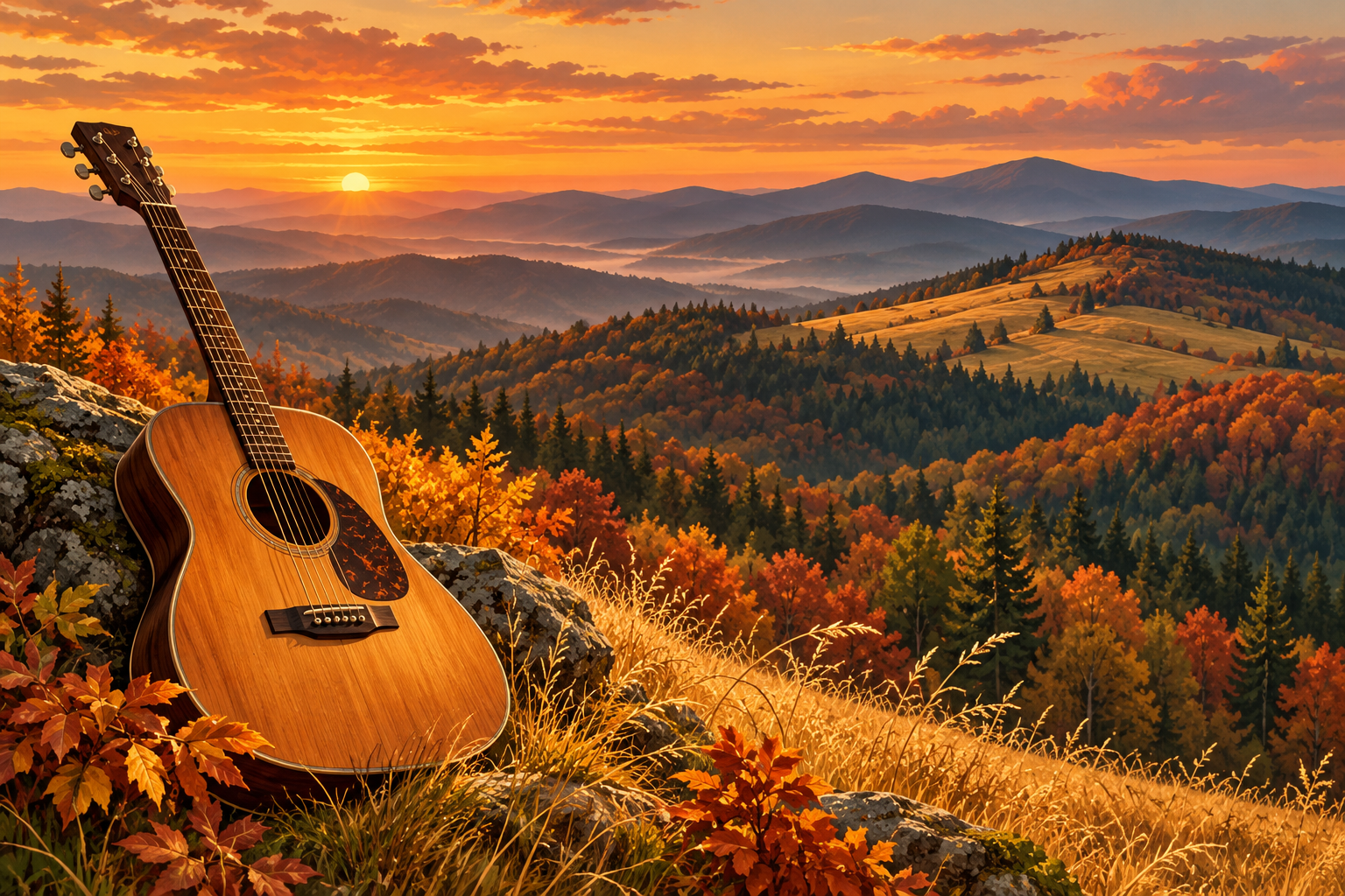 Gitara akustyczna na tle jesiennych gór - ilustracja do Wieczoru Bieszczadzkiego